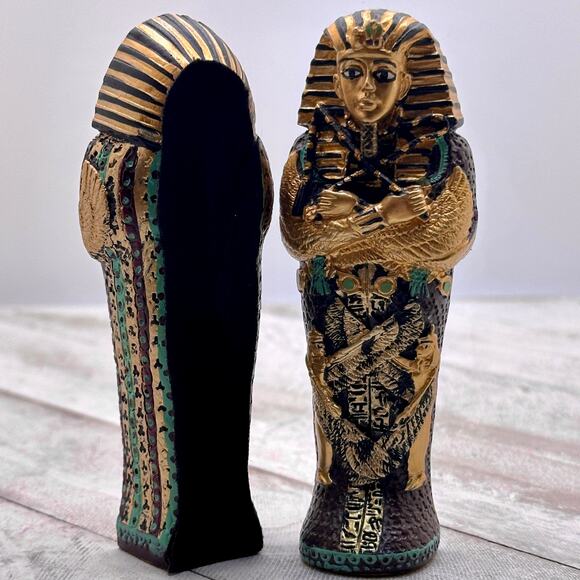 Egyptian Sarcophagus King Tut Coffin Trinket Box - Gold Pharaoh Statue Decor - Picture 3 of 8